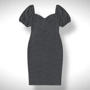 Betsey Johnson Size 12 Sweetheart Midi‎ Dress Black White Puff Sleeve Polka Dot
